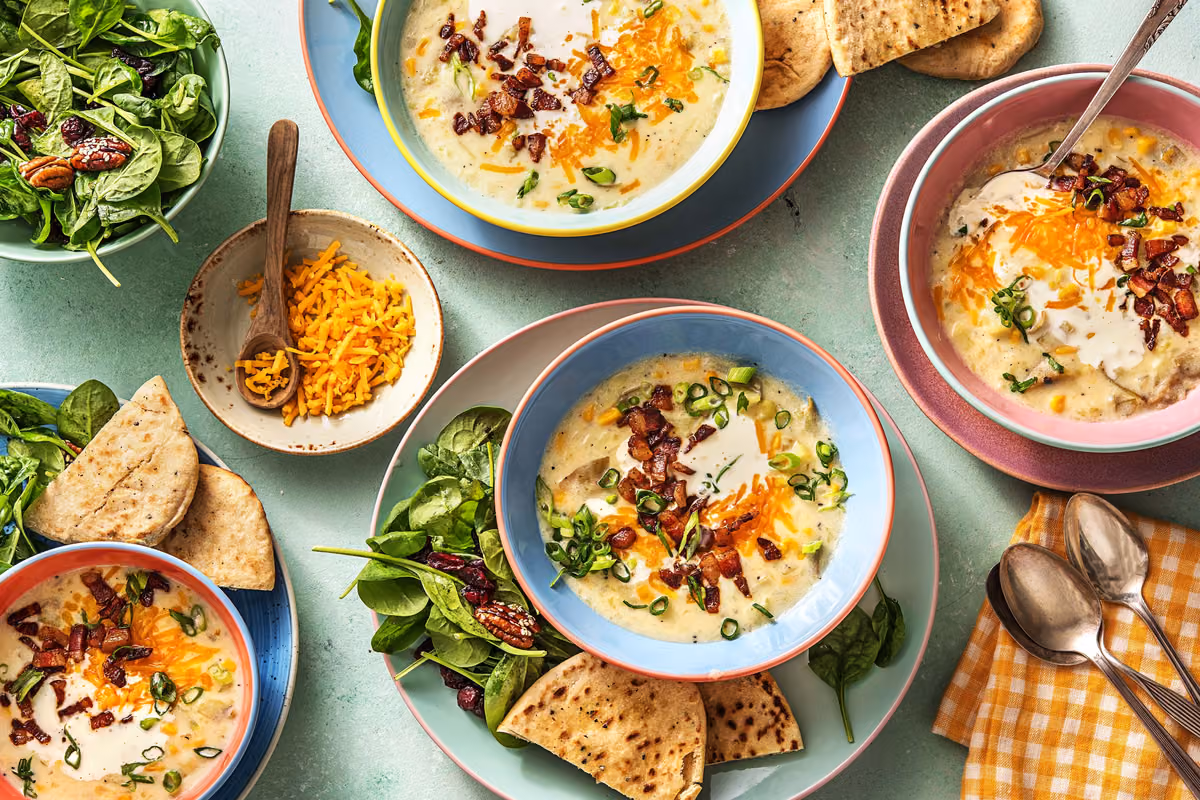 Creamy Corn and Pancetta Chowder with a Spinach Salad and Naan Toasts