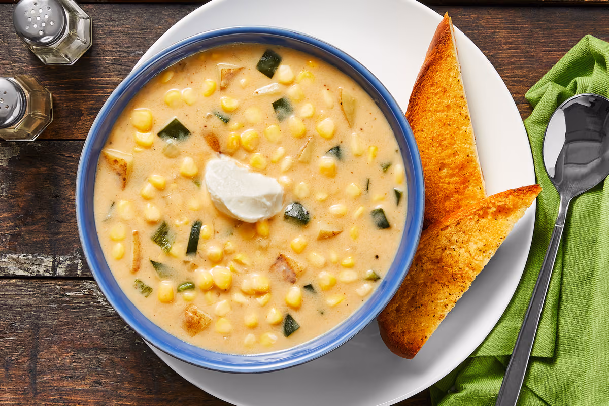 Shrimp & Poblano Corn Chowder with Old Bay Toast