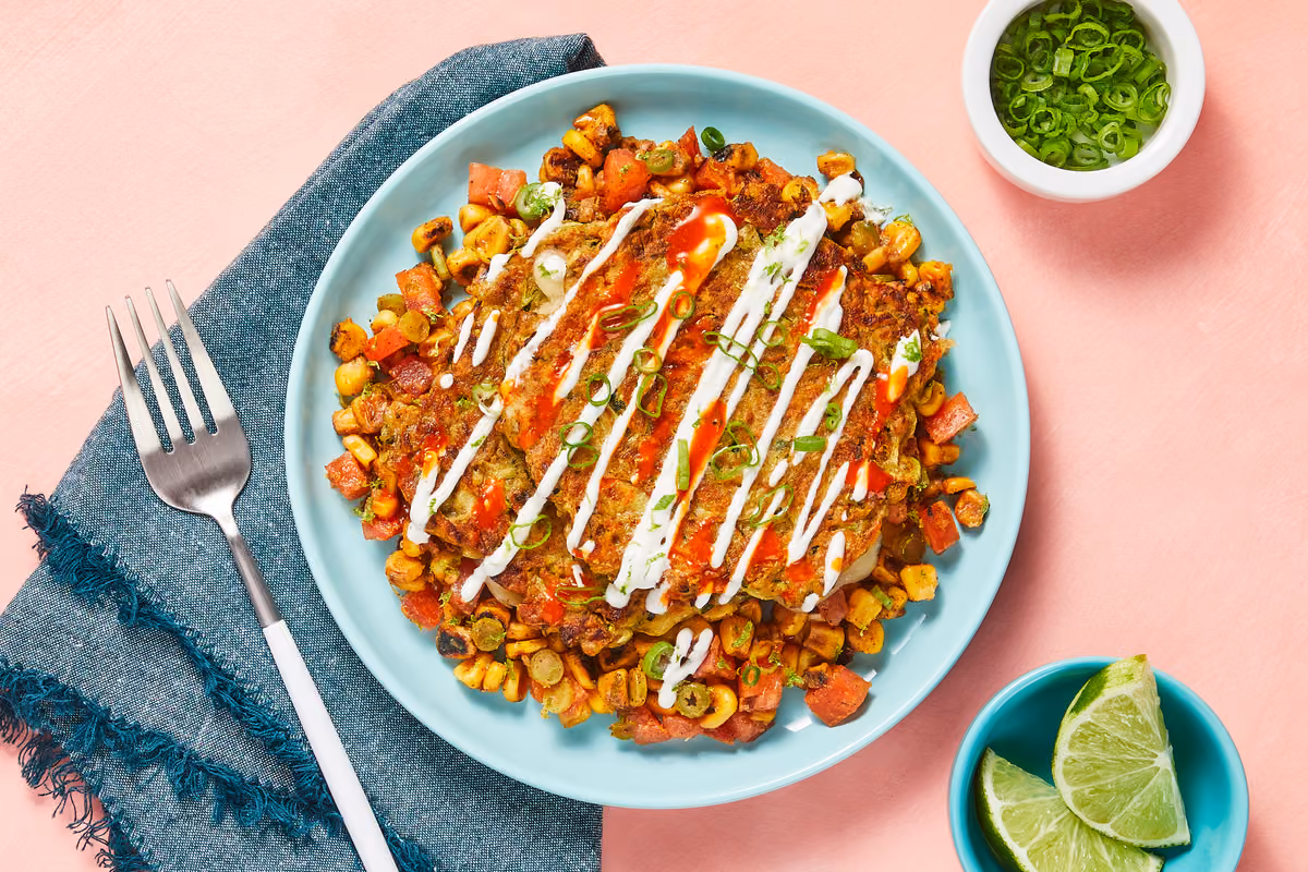 Southwest Zucchini Patties: Charred Corn Salad, Lime Crema & Hot Sauce