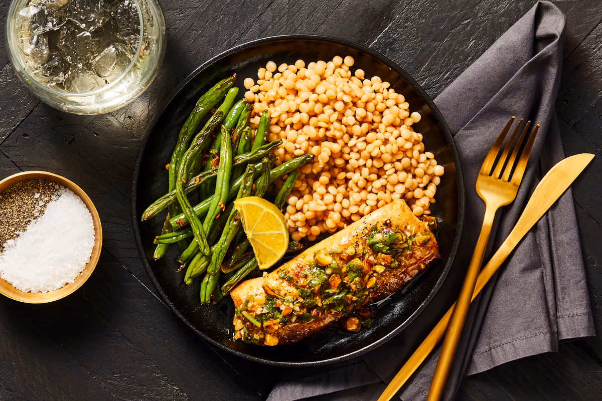 Open Blue Cobia with Pistachio Gremolata