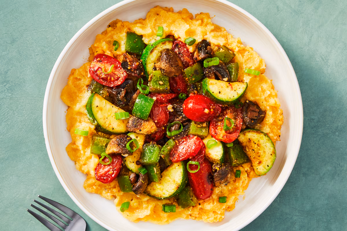 Vegan Polenta Primavera: Bell Pepper, Zucchini, Mushrooms & Grape Tomatoes