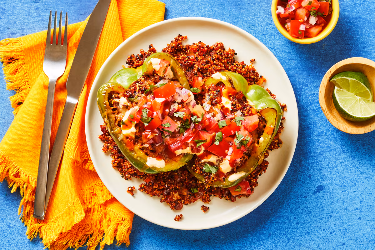 Cheesy Quinoa-Stuffed Peppers: Pico de Gallo & Smoky Red Pepper Crema
