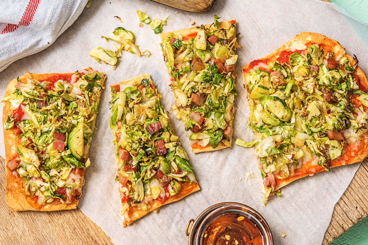 Pancetta Flatbread Pizzas: Shredded Brussels Sprouts and a Chili Honey Drizzle