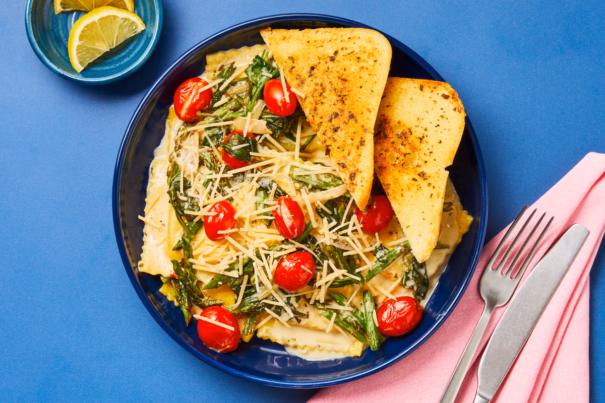Ricotta Ravioli with Blistered Tomatoes & Asparagus
