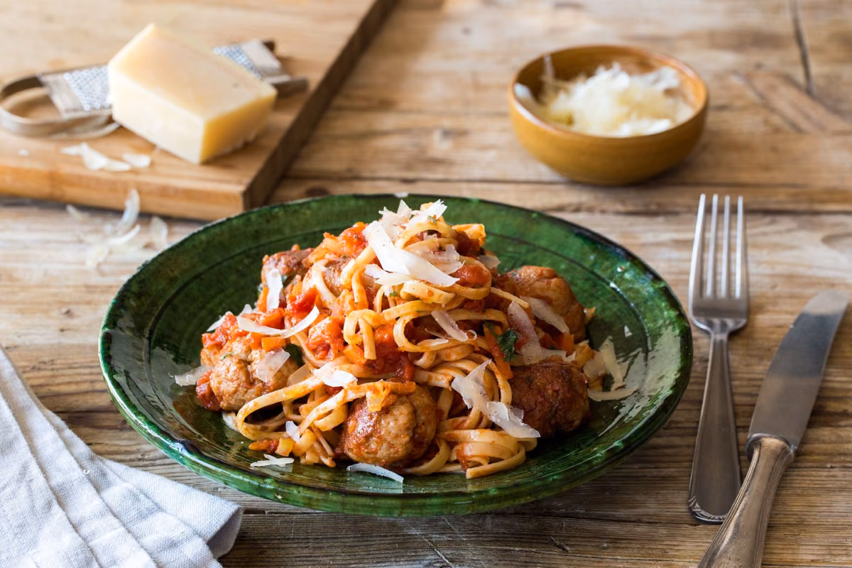 Speedy Italian Meatballs with Smoked Tomato Linguine