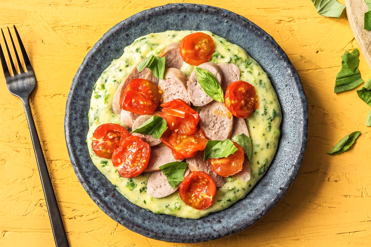 Sweet Italian Sausages and Blistered Tomatoes over Cheesy Kale Polenta