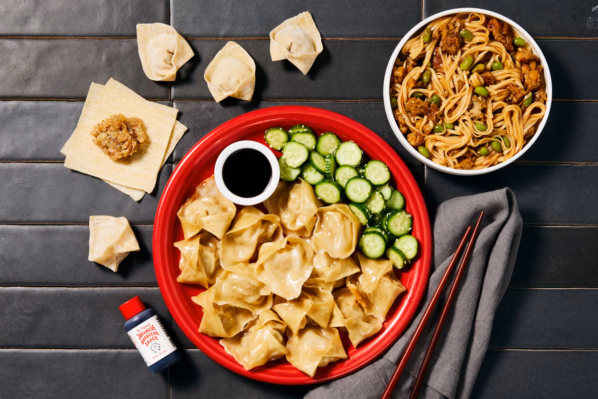 Japanese-Style Pork & Shrimp Dumplings with Lo Mein Noodles