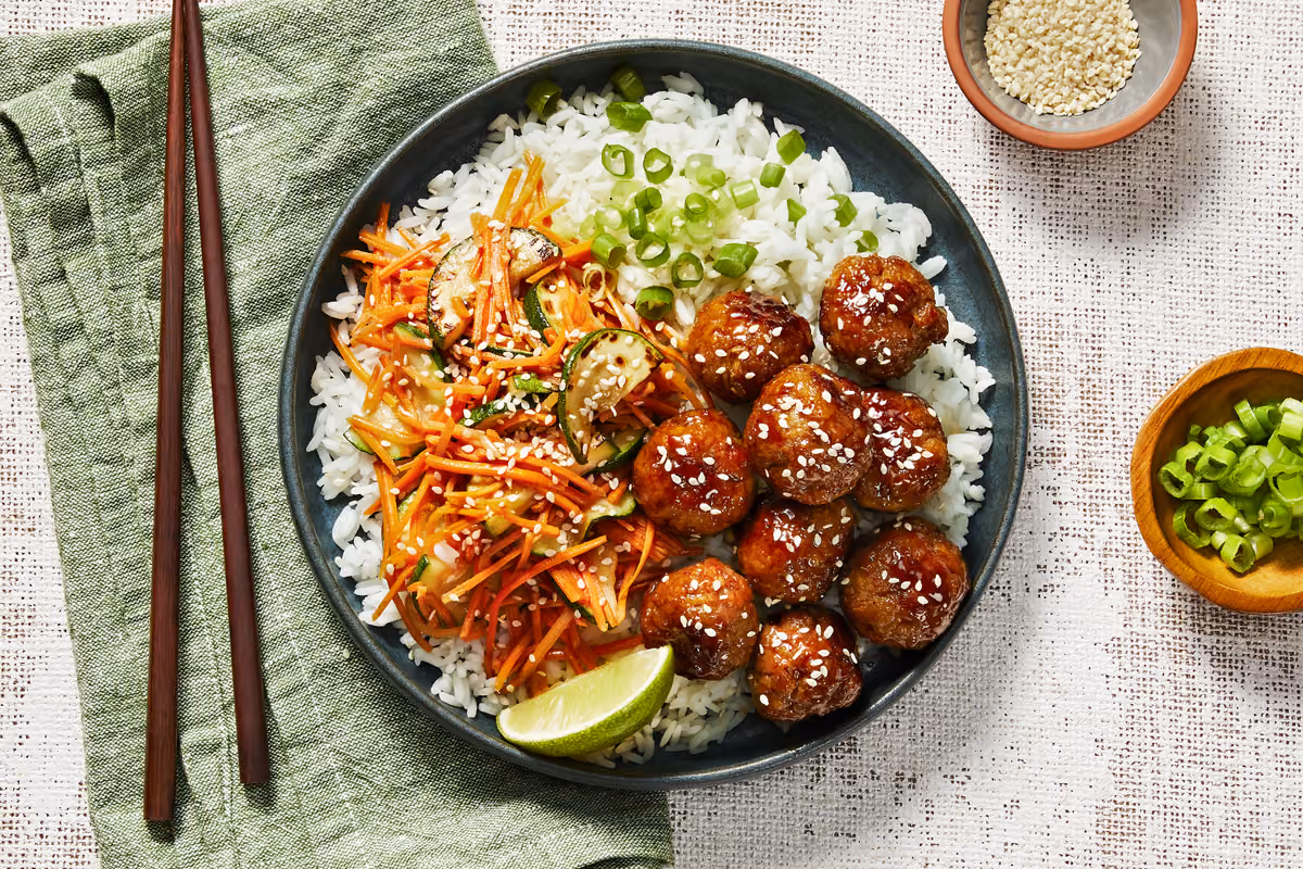 Pork Teriyaki Meatballs with Carrots, Zucchini & Rice
