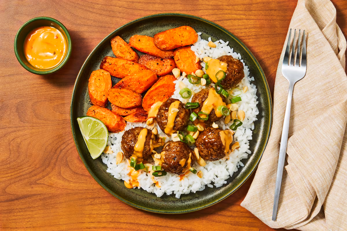 Tangy Tamarind Pork Meatballs: Rice, Roasted Carrots & Spicy Mayo