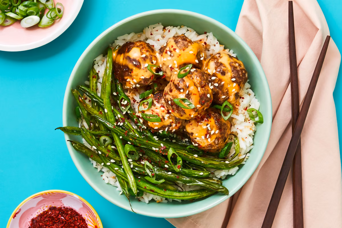 Firecracker Meatballs: Roasted Green Beans & Sesame Rice