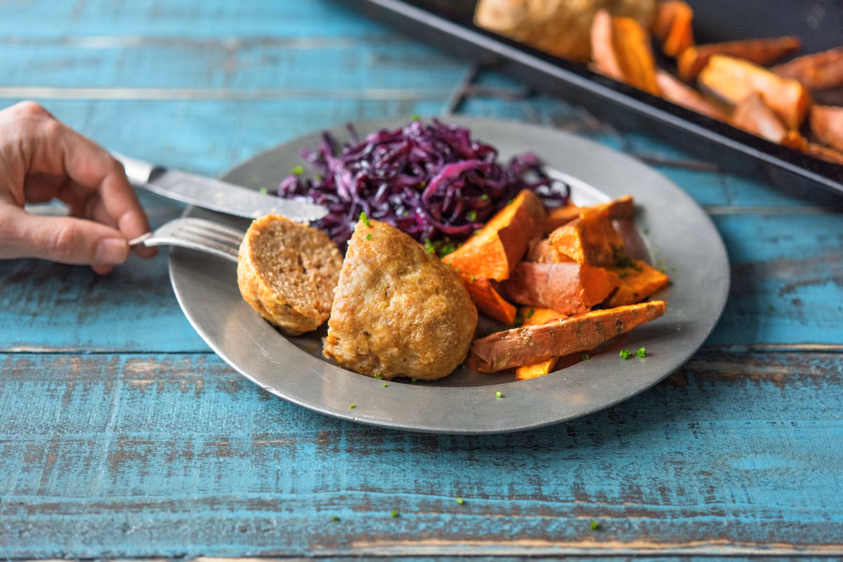 Mini Pork Meatloaves with Sautéed Red Cabbage and Sweet Potato Wedges