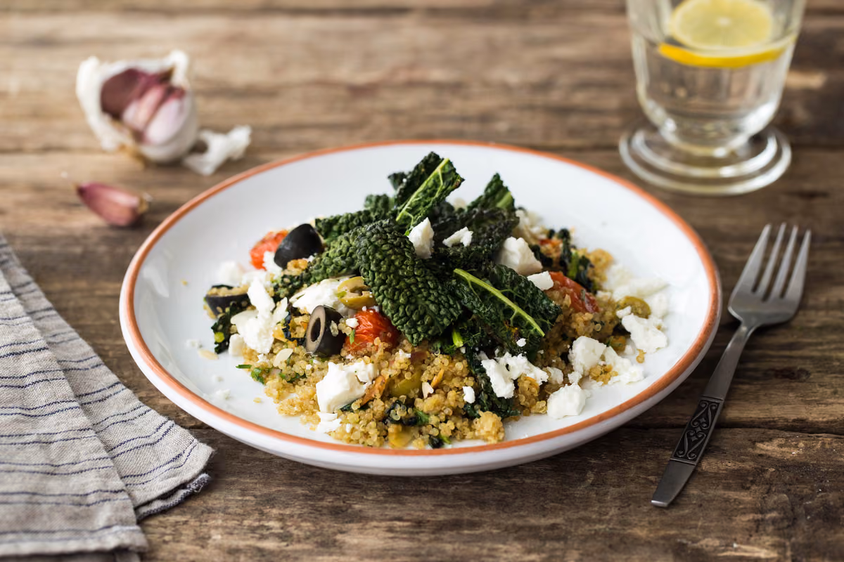 Mediterranean Quinoa Bowl with Crispy Kale Chips