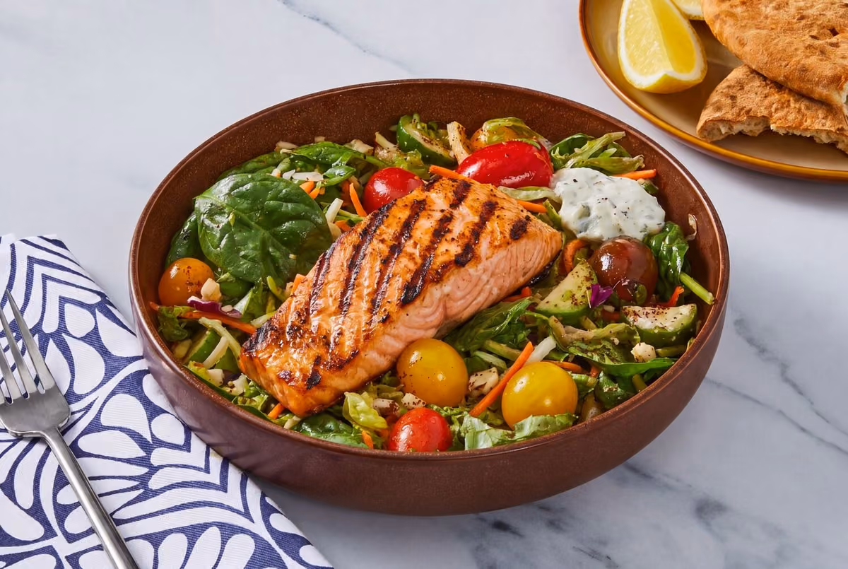Crispy Falafel & Salmon Mediterranean Bowls