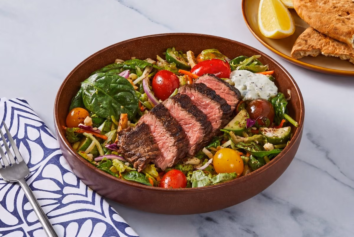 Crispy Falafel & Steak Mediterranean Bowls