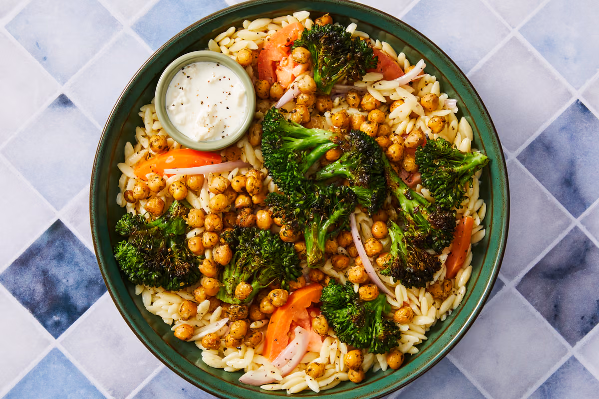 Mediterranean Orzo Salad with Crispy Chickpeas
