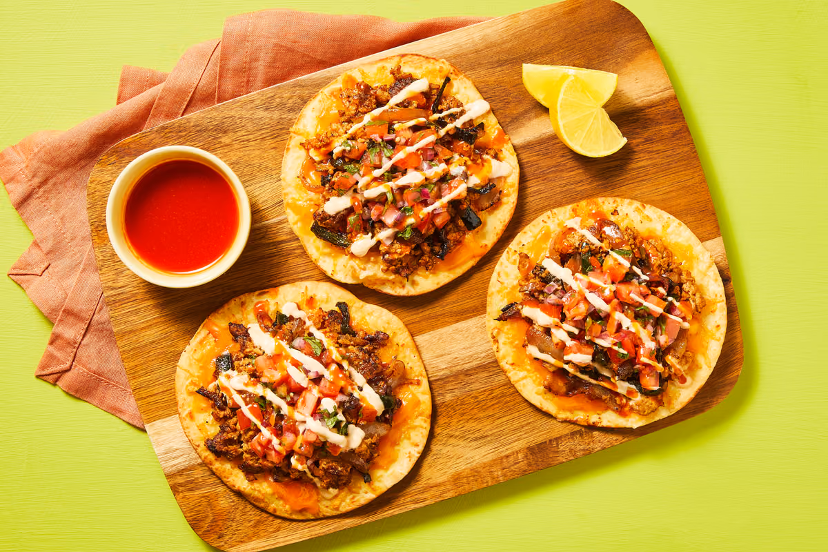 Cheesy Turkey & Poblano Tostadas: Pico de Gallo & Smoky Crema