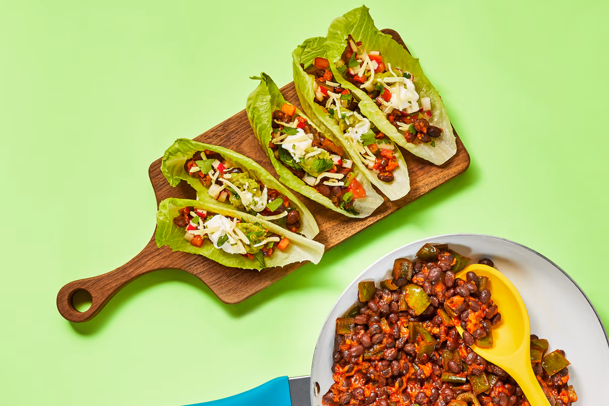 One-Pan Bean & Poblano Lettuce Wraps: Radish Tomato Salsa, Cheese & Guacamole