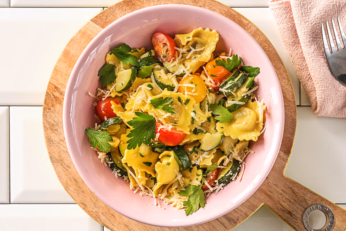 Creamiest Mushroom Ravioli: Parmesan and Heirloom Grape Tomatoes