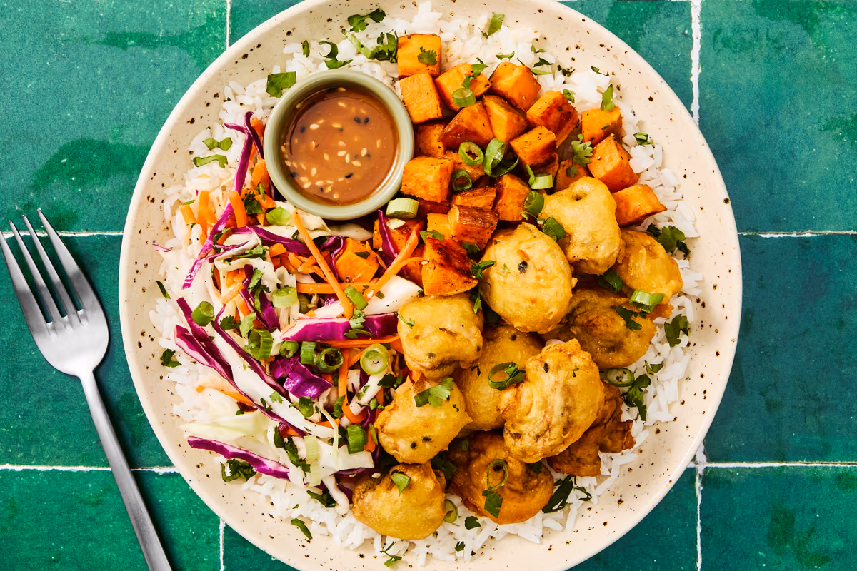 Tempura Mushroom & Sweet Potato Bowls: Coleslaw & Sesame Crunch Sauce