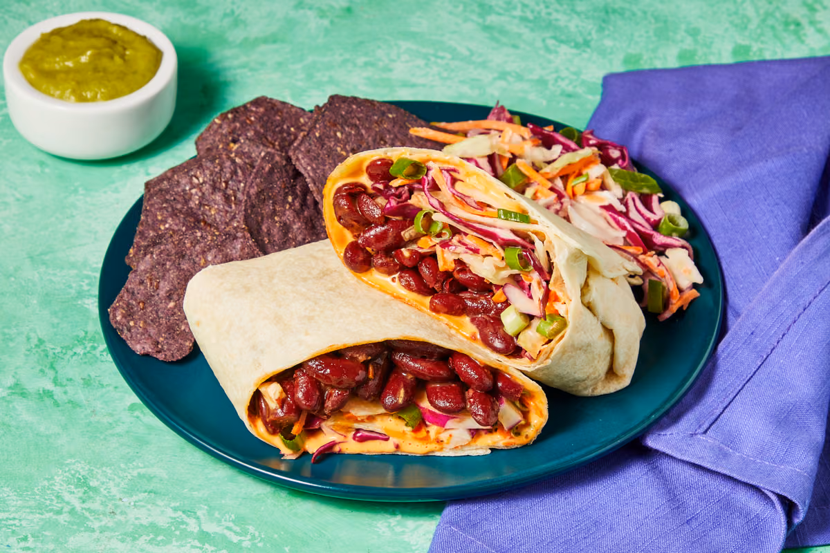 Vegan One-Pan BBQ Bean & Coleslaw Wraps