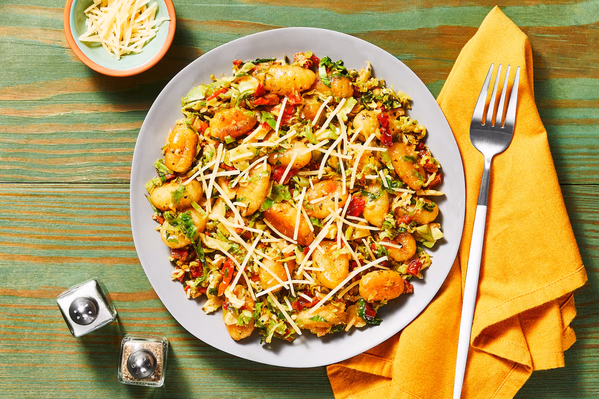Pan-Fried Garlic Herb Gnocchi: Brussels Sprouts & Sun-Dried Tomatoes