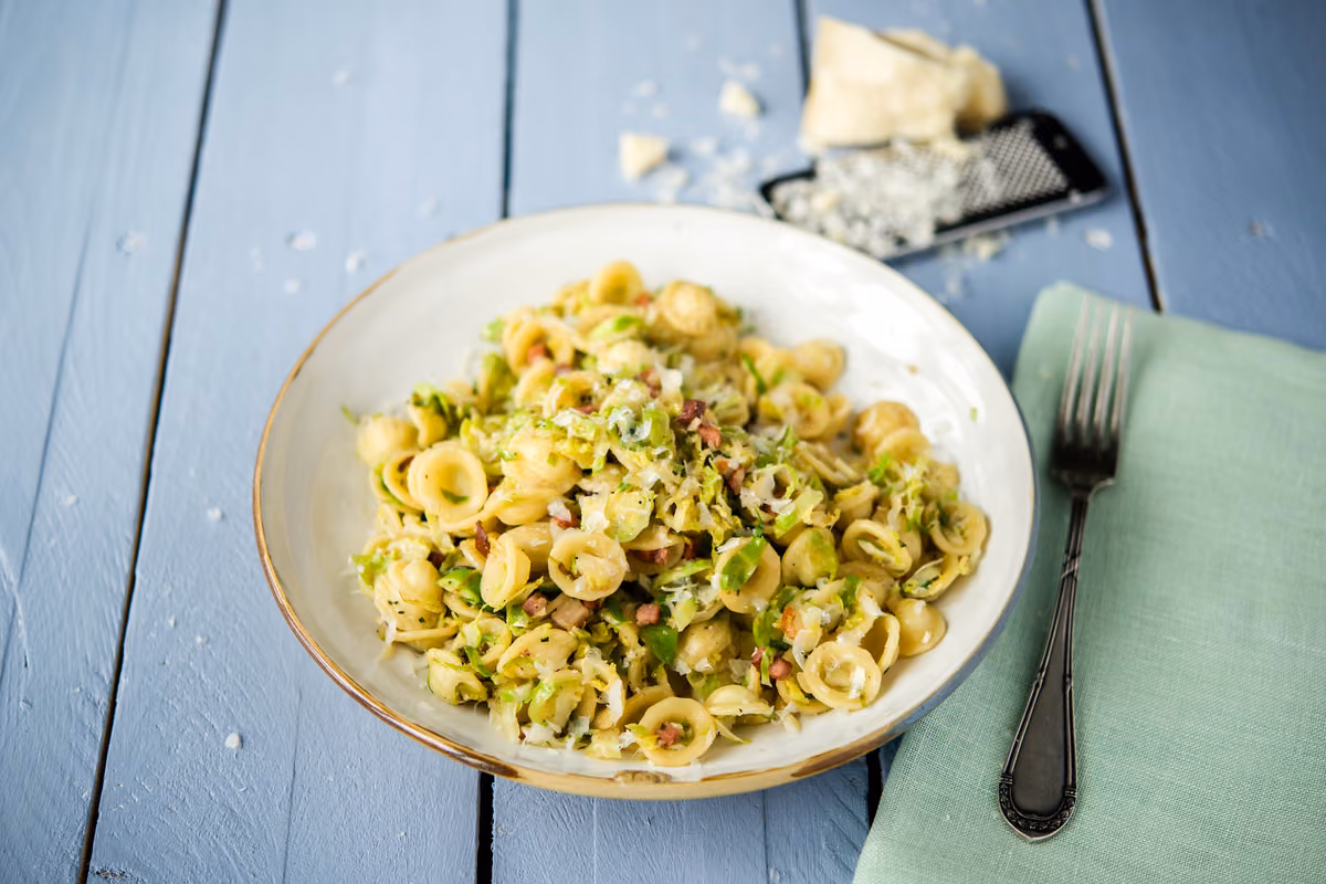 Creamy Orecchiette with Brussels Sprouts, Pancetta, and Wild Mushrooms