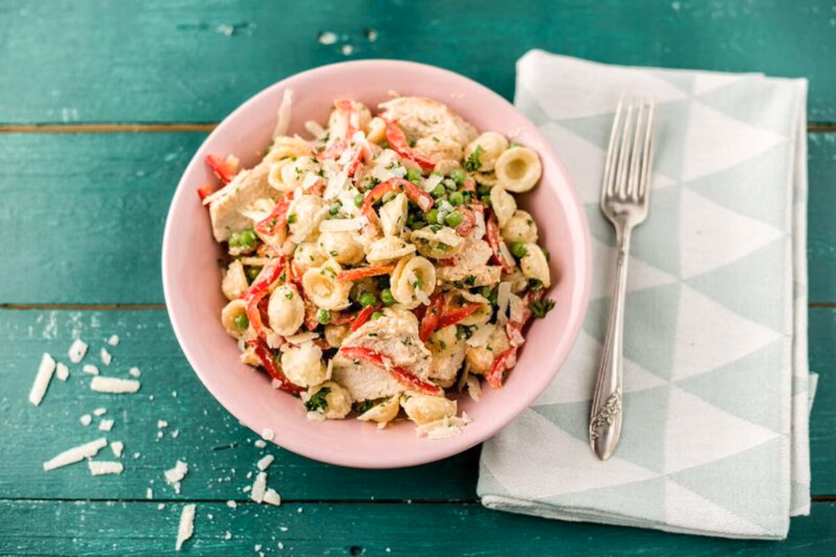 Pan-Seared Chicken and Orecchiette with Caramelized Bell Pepper and Parmesan Cream Sauce