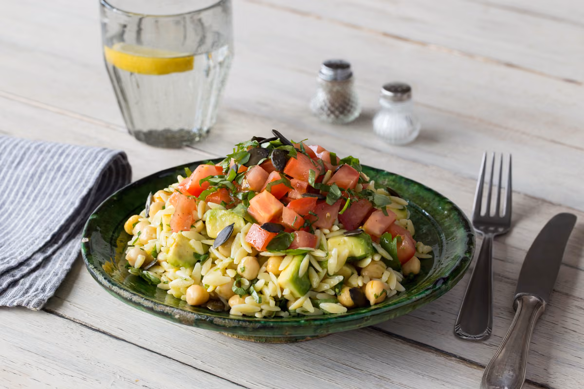 Marinated Tomato and Avocado Salad with Orzo