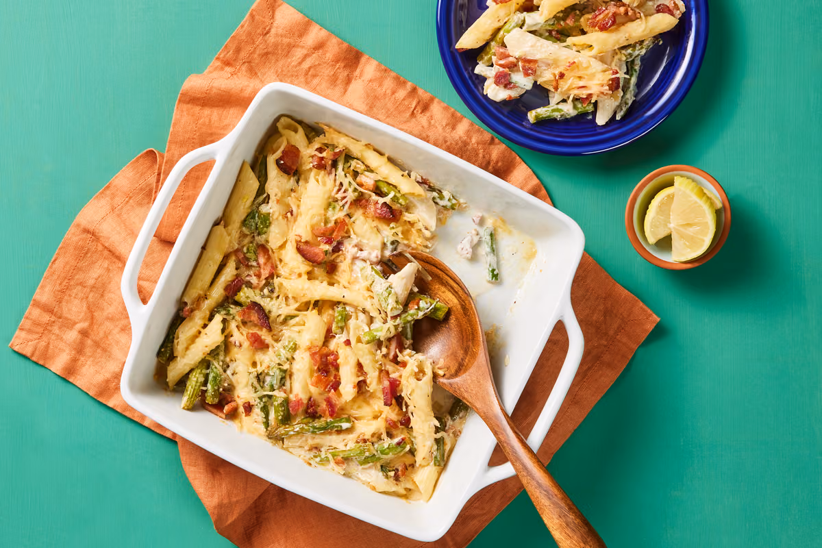 Creamy Asparagus & Bacon Pasta Bake
