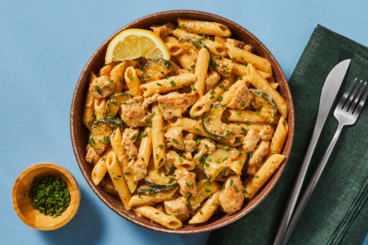 German-Style Smoky Chicken Penne: Dark Meat Chicken, Zucchini & Lemon