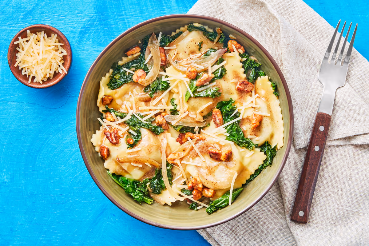 Mushroom Ravioli with Kale & Walnuts