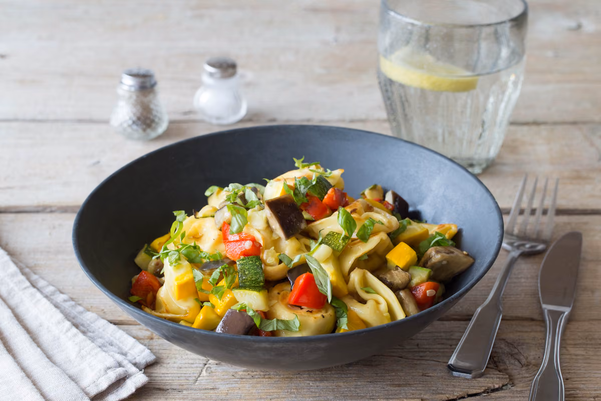 Summer Ratatouille: Fresh Tortellini and Basil Chiffonade