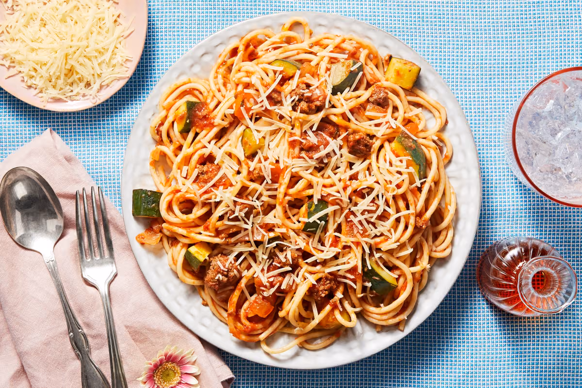 Beef Ragu Spaghetti: Zucchini, Parmesan, and Pepperolio