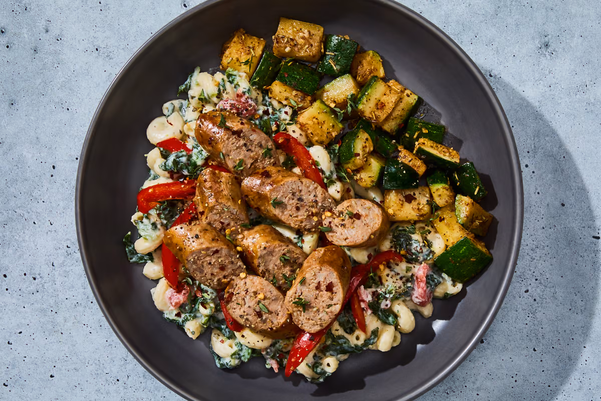 Creamed Spinach Cavatappi & Italian Sausage