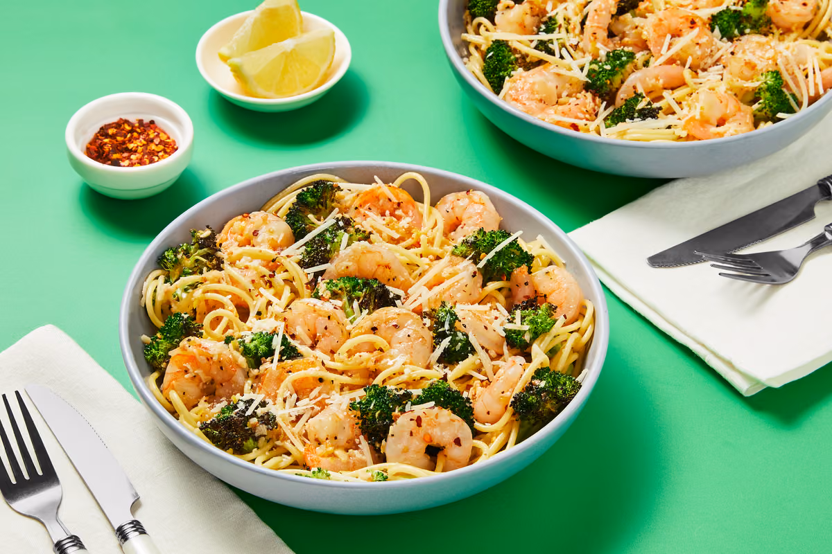 Garlic Butter Shrimp Scampi over Linguine with Roasted Broccoli