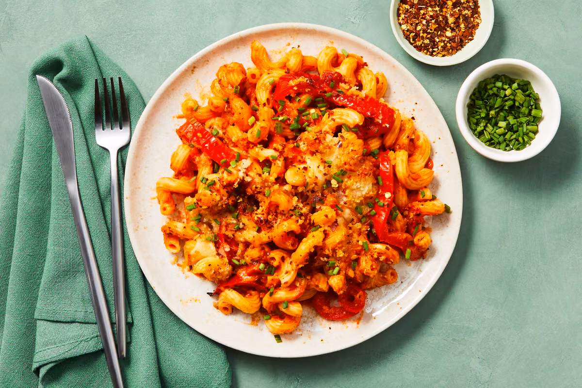 Roasted Pepper & Mozz Cavatappi Bake