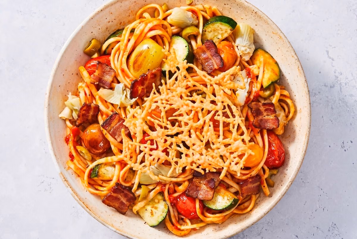 Sun-Dried Tomato & Bacon Pasta Primavera