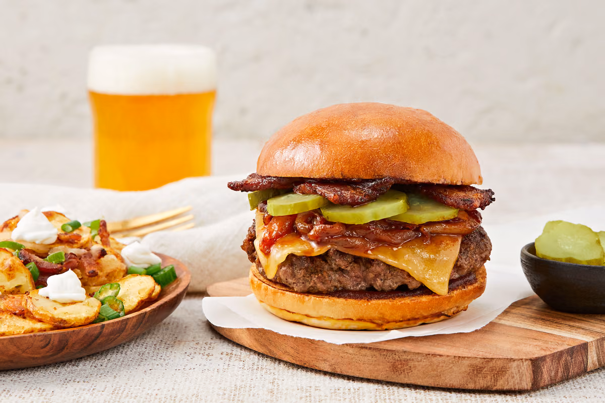 Bacon Buckaroo Burgers: BBQ Caramelized Onion & Cheesy Loaded Potato Rounds