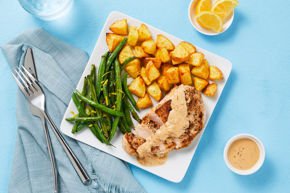 Steakhouse Pork Chops with a Creamy Pan Sauce & Lemony Green Beans