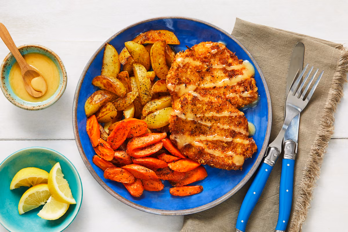 Pork Schnitzel: Roasted Veggies and a Creamy Mustard Dipper