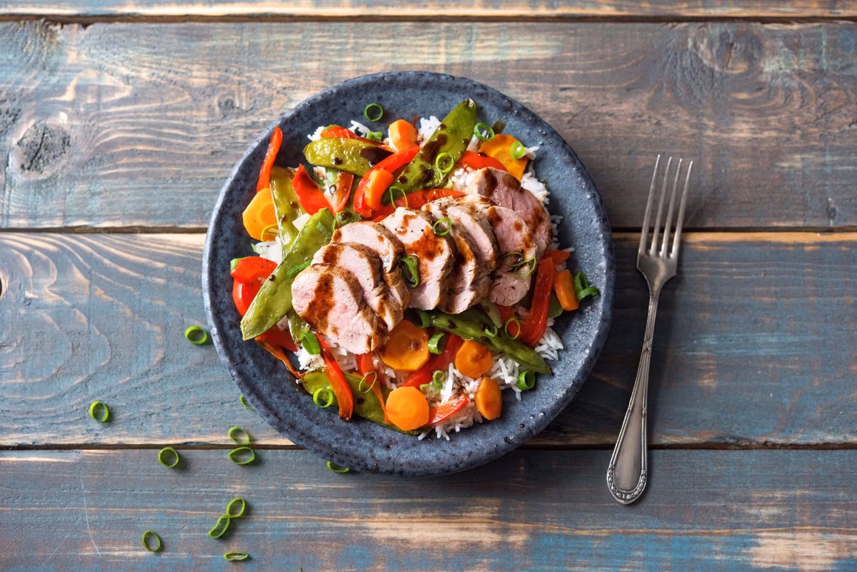 Honey and Soy-Smothered Pork: Roasted Veggies and Rice