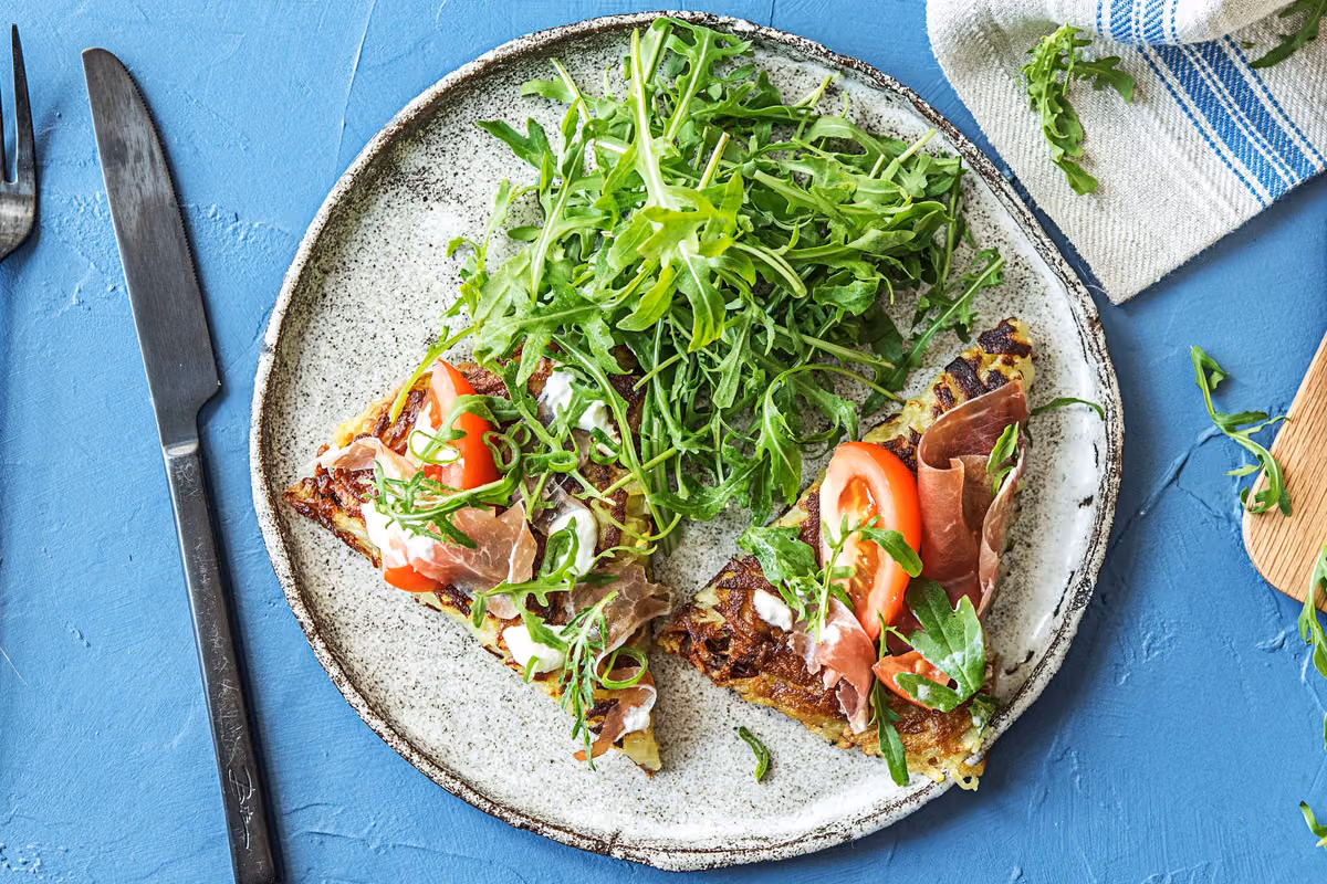 Potato Pan Rosti: Prosciutto, Sour Cream, and Arugula Salad