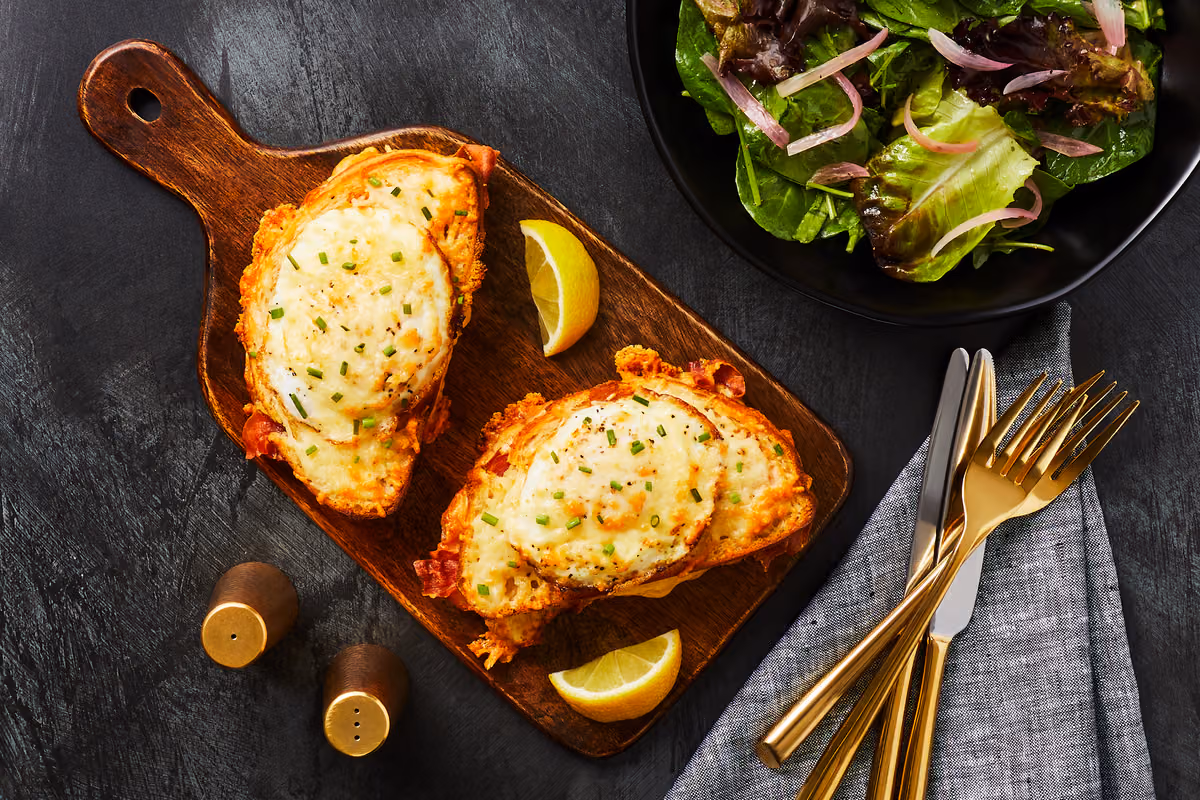 Prosciutto Croque Madame Sandwiches: a Pickled Shallot Salad
