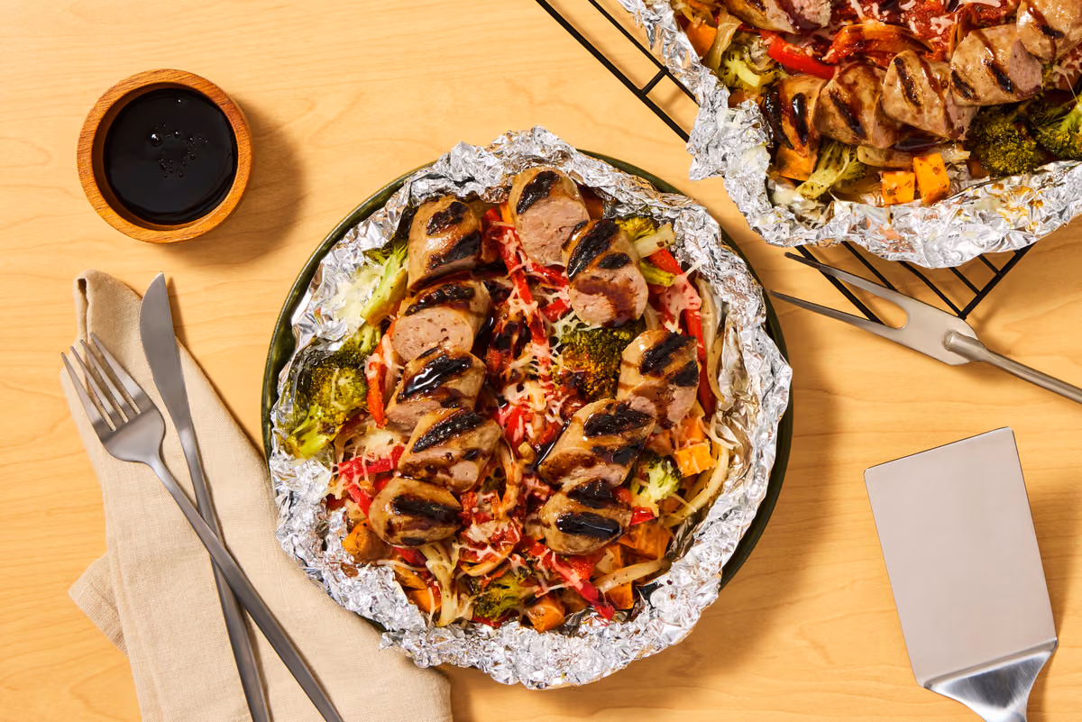 Grilled Pork Sausage & Cheesy Veggie Packets