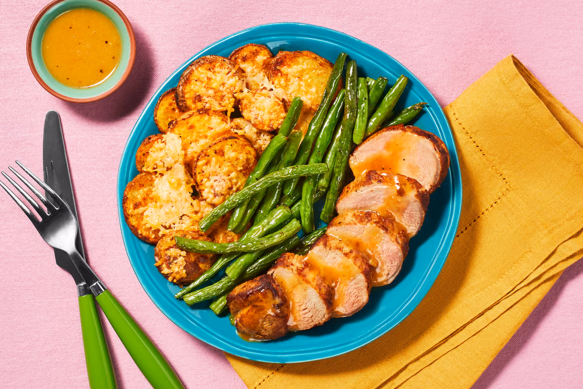 Mustard Apricot Pork Tenderloin: Parmesan Potatoes & Roasted Green Beans