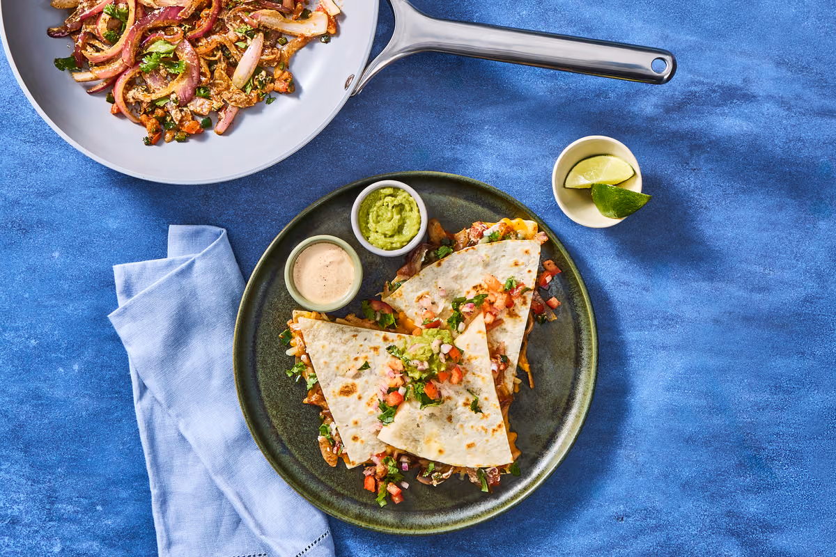 One-Pan Shrimp & Rajas Quesadillas