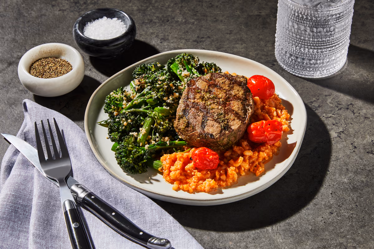 Garlic Filet Mignon & Tomato Risotto: Roasted Broccolini & Grape Tomatoes