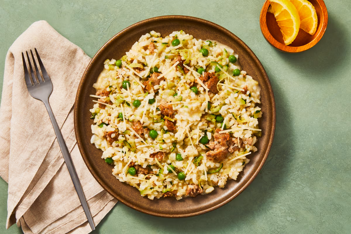 Pork Sausage, Pea & Zucchini Risotto
