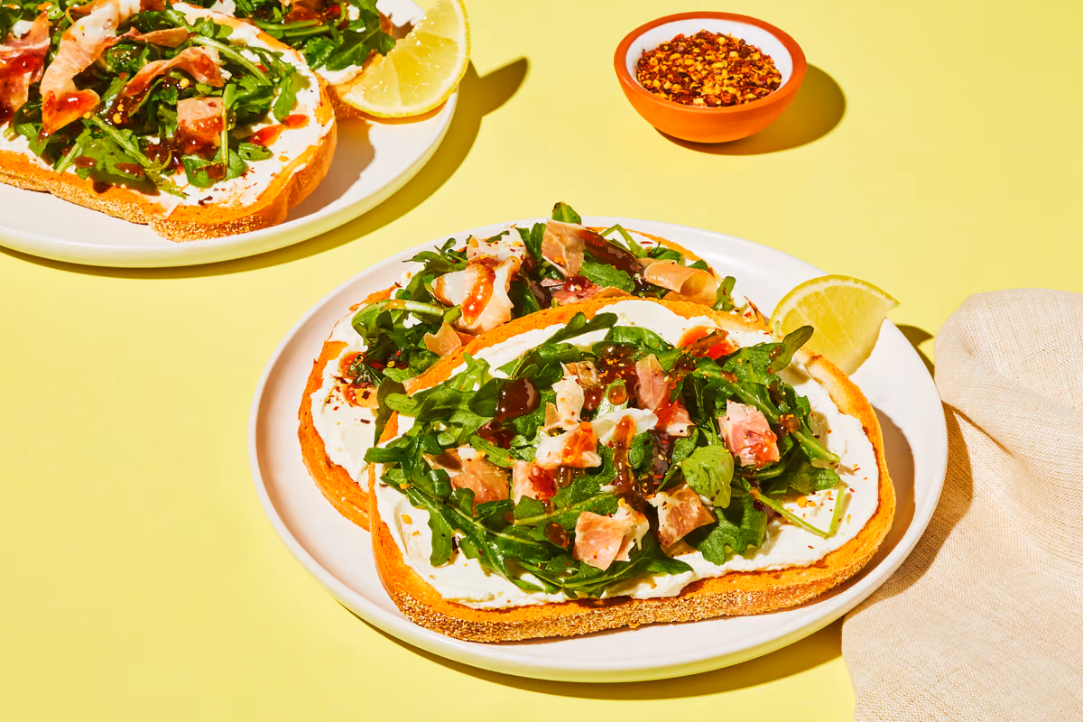 Open-Faced Prosciutto & Jam Sandwiches: Ricotta & Arugula