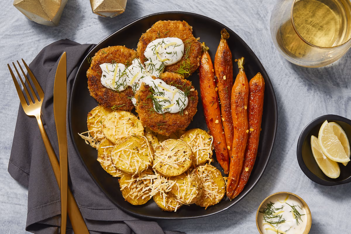Lemon Dill Crab Cakes: Garlic Parmesan Potatoes and Roasted Carrots